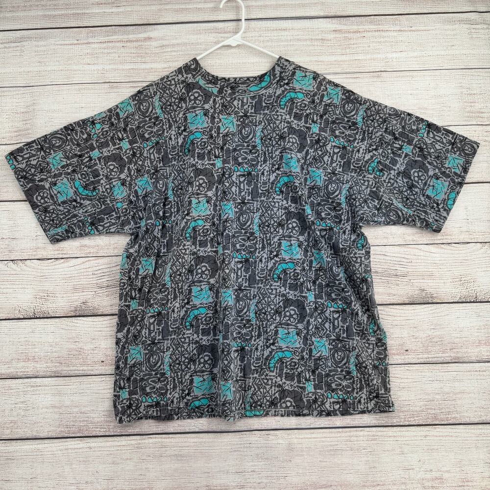 Vintage‎ 90's FRANK Made in USA All Over Print T-Shirt Mens XL Gray Blue